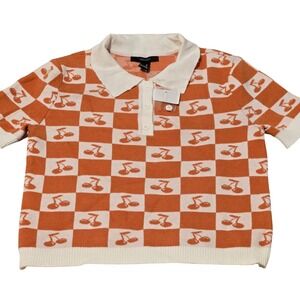 Forever 21 Womens Checkered Cherry Print Knit Short Sleeve Polo Shirt-Medium NWT